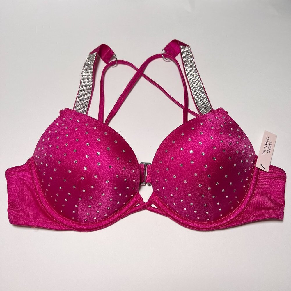 Victoria Secret 32B Bombshell Push Up Bikini Top Shine Cups Strap Berry Blush